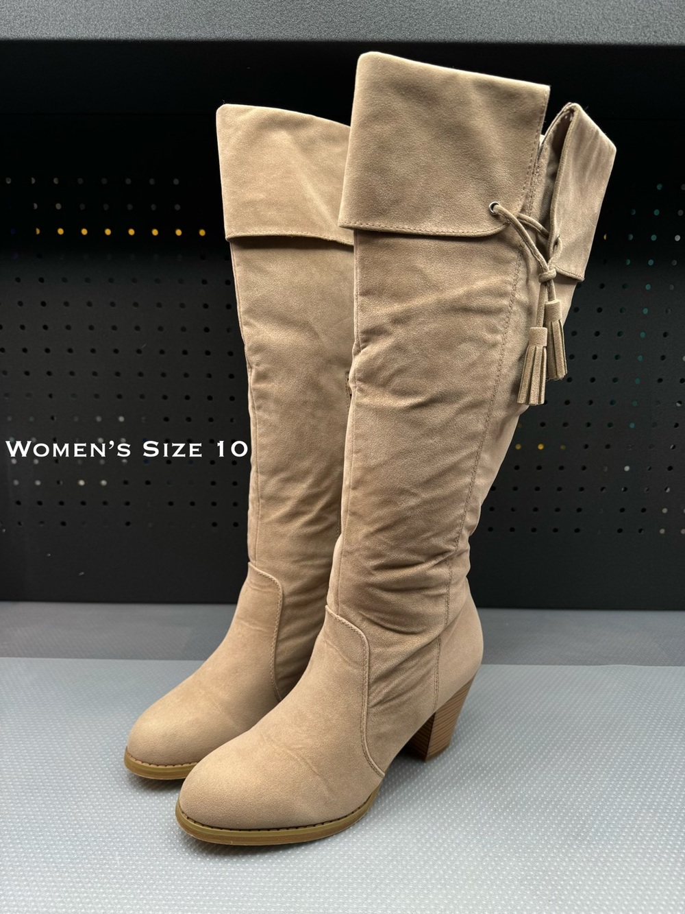 Over-the-Knee Fold-Over Tassel Boots in Light Taupe